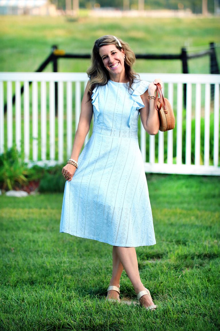 Thursday Fashion Files Link Up #223 – Baby Blue Eyelet Midi Dress