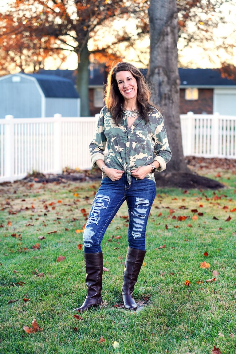 Camo Button Down w/ Embroidered Motif