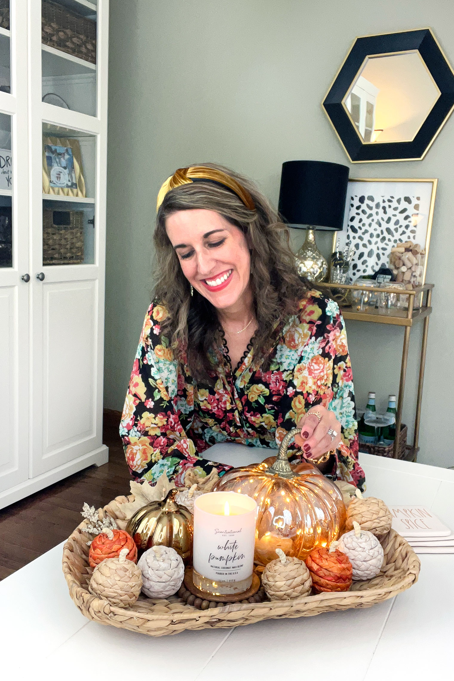 Fall Coffee Table Decor with Woven Pumpkin Tray