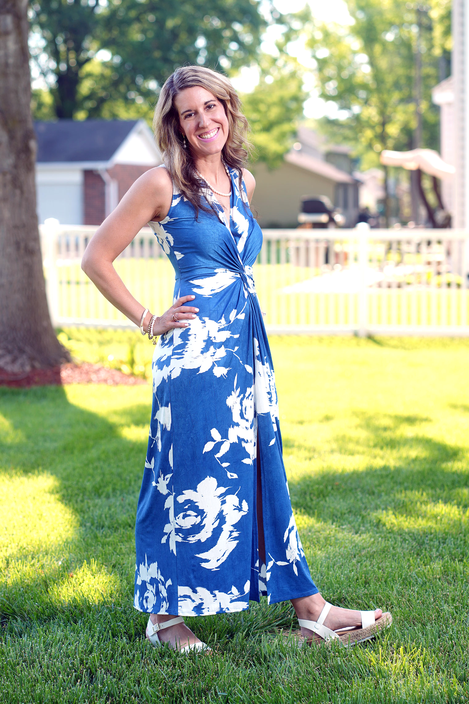 Blue & White, Crushed Silk & Center Slit Summer Dress